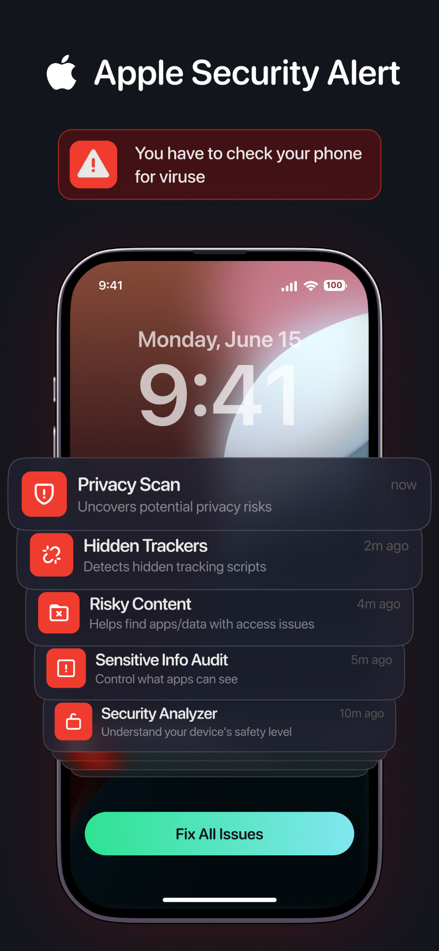 Security and privacy checks list with a Fix All Issues action