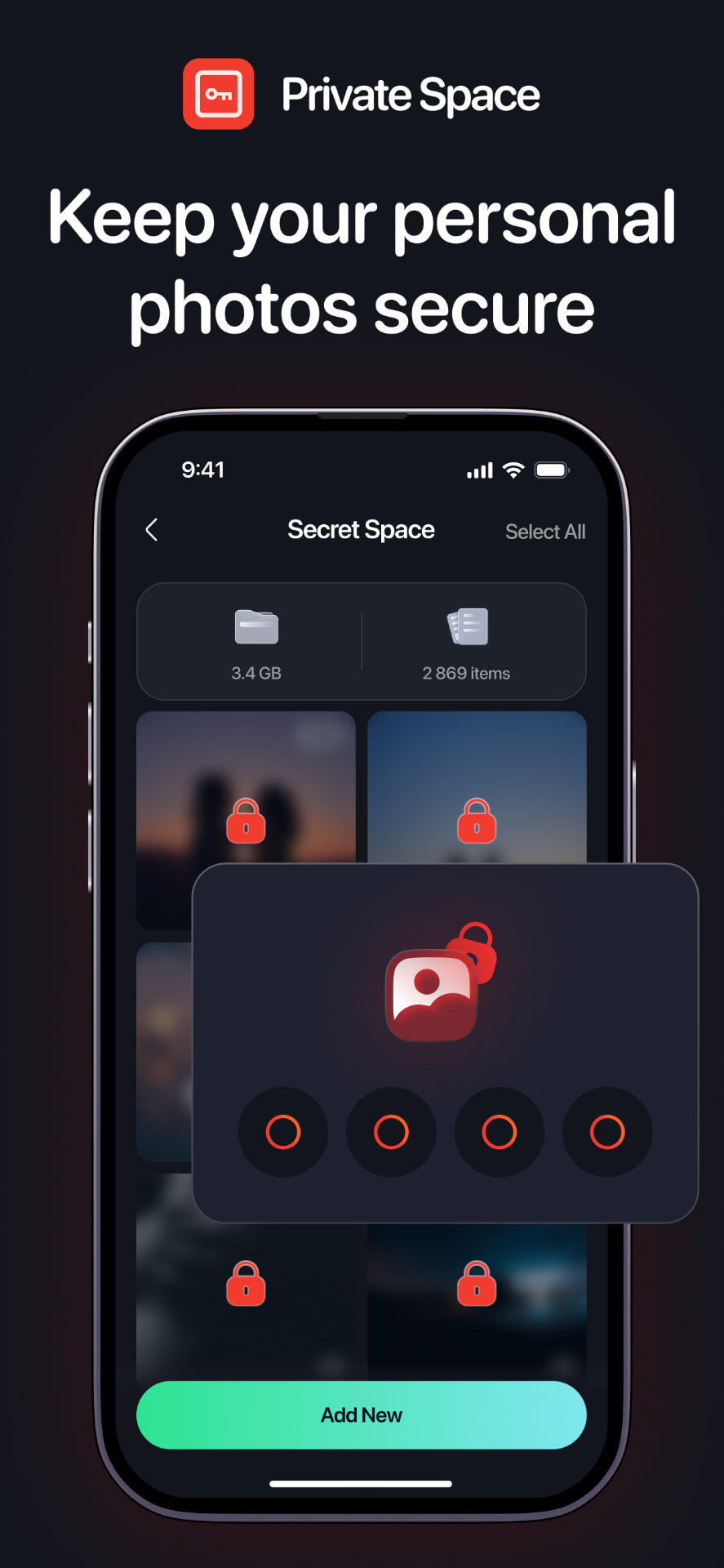 Private Space vault screen with locked photos and passcode entry