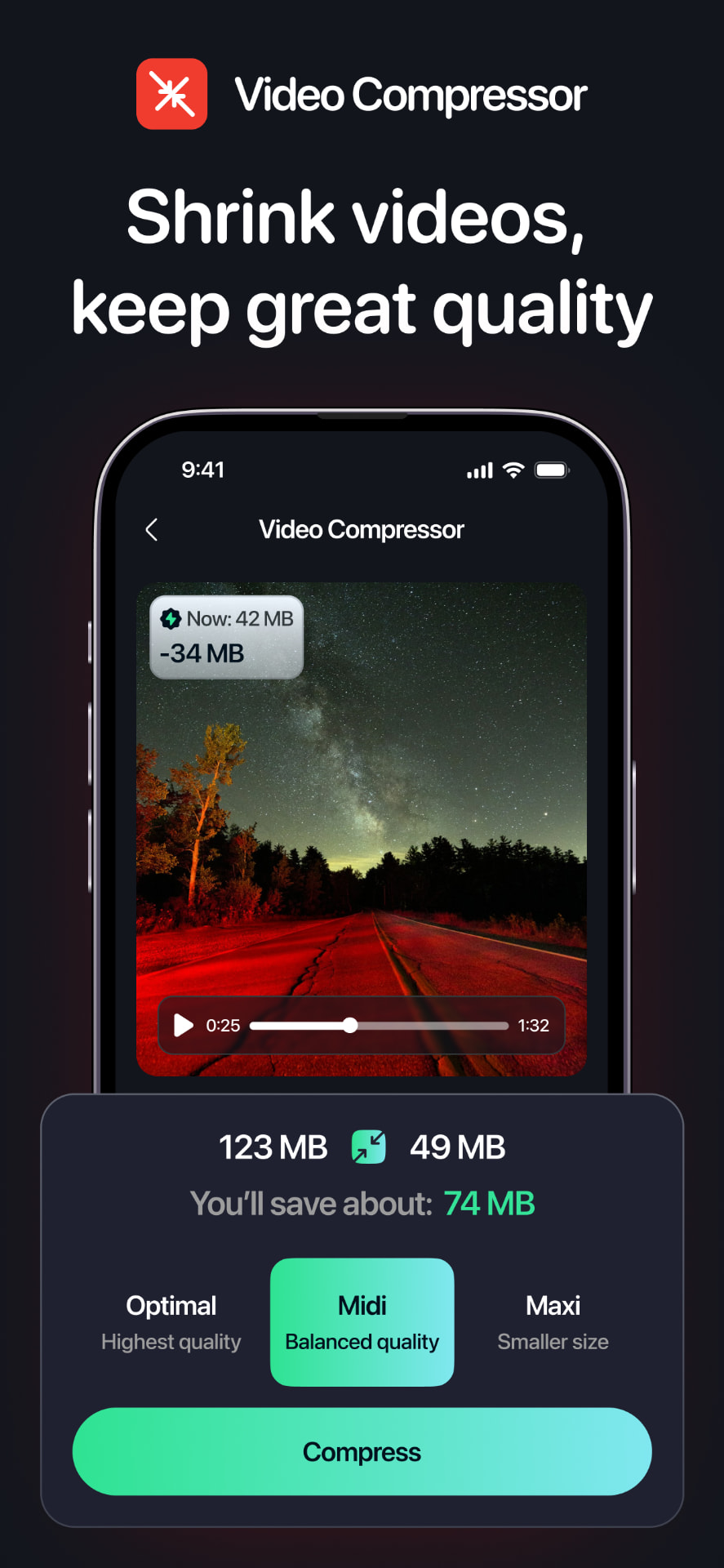 Video Compressor screen with Optimal, Midi and Maxi compression presets