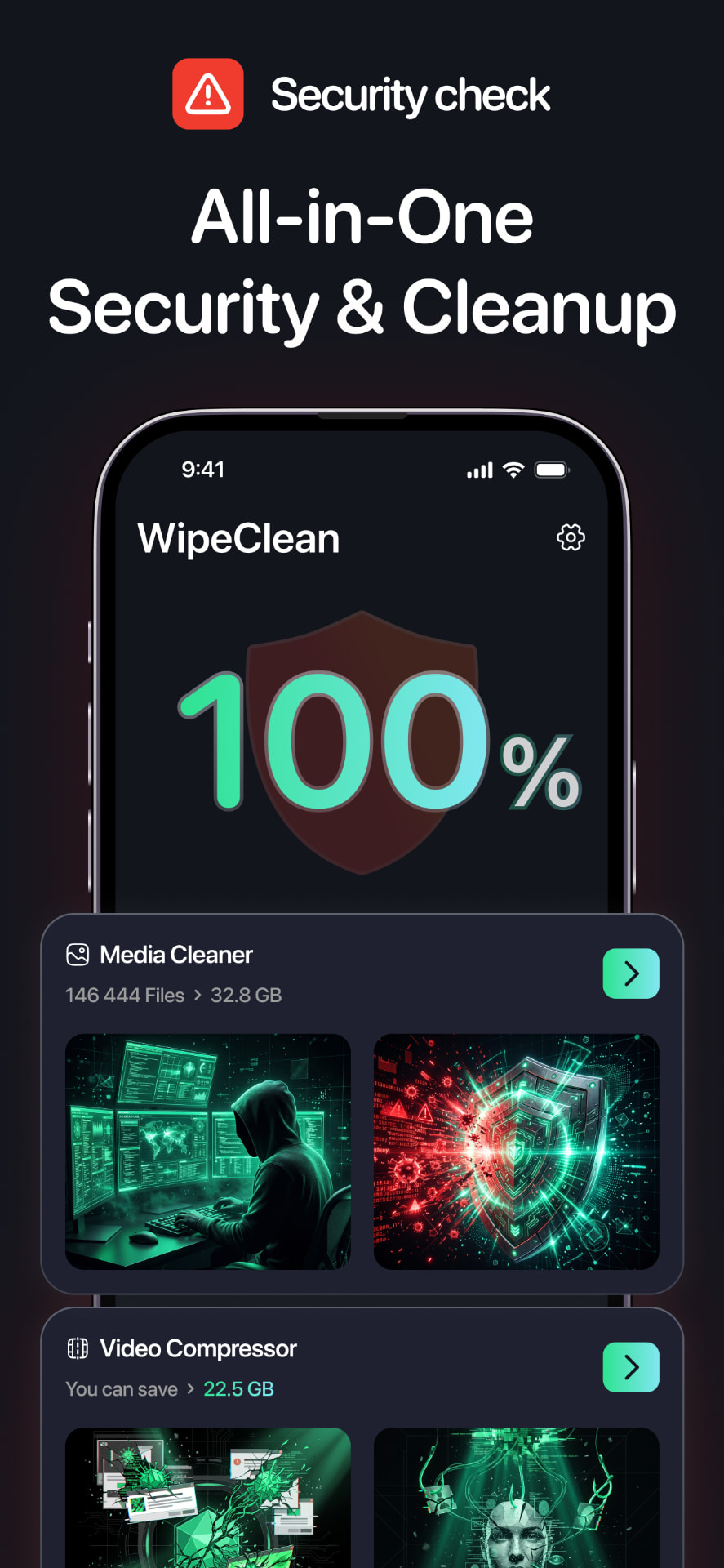 WipeClean home screen showing device cleanliness score, Media Cleaner and Video Compressor sections