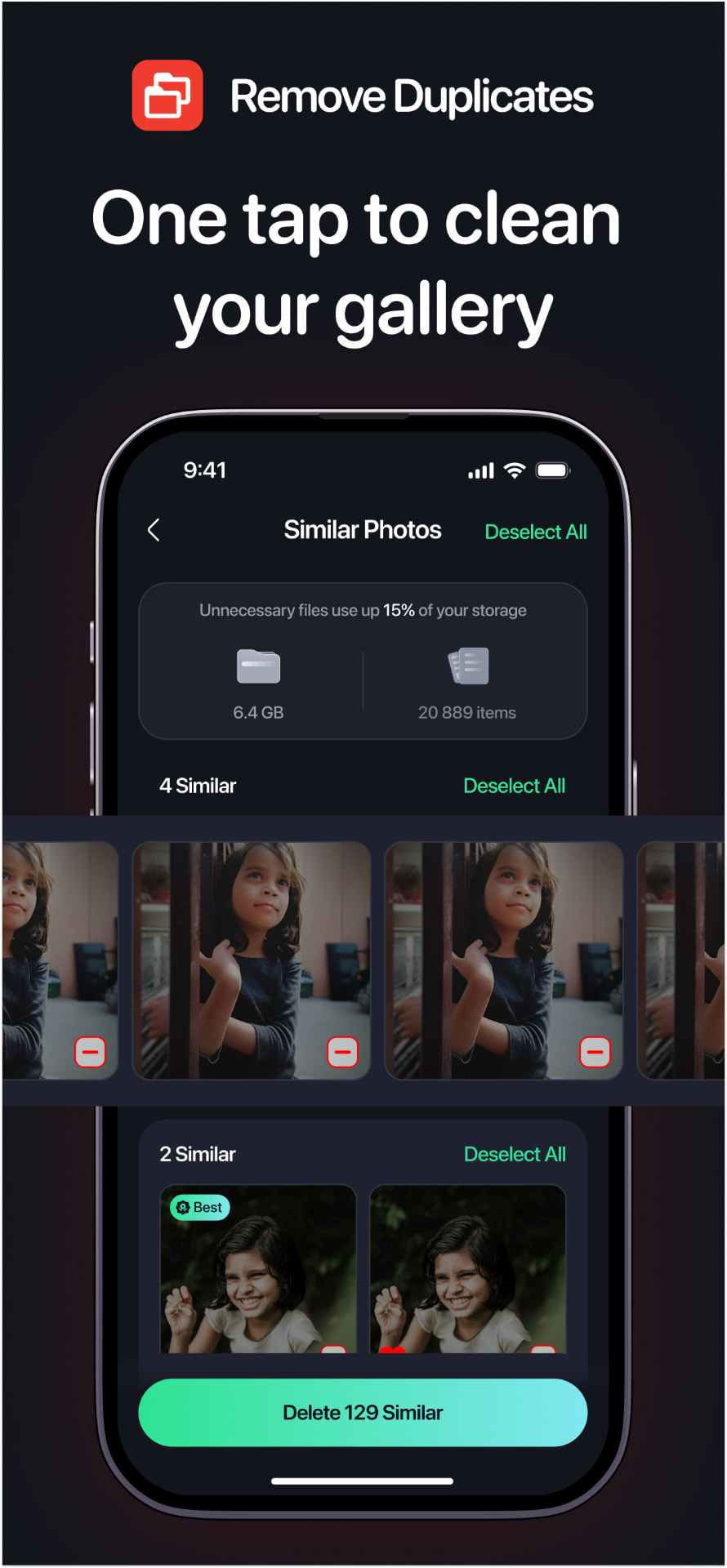 Similar Photos screen grouping duplicate shots with a Delete Similar action